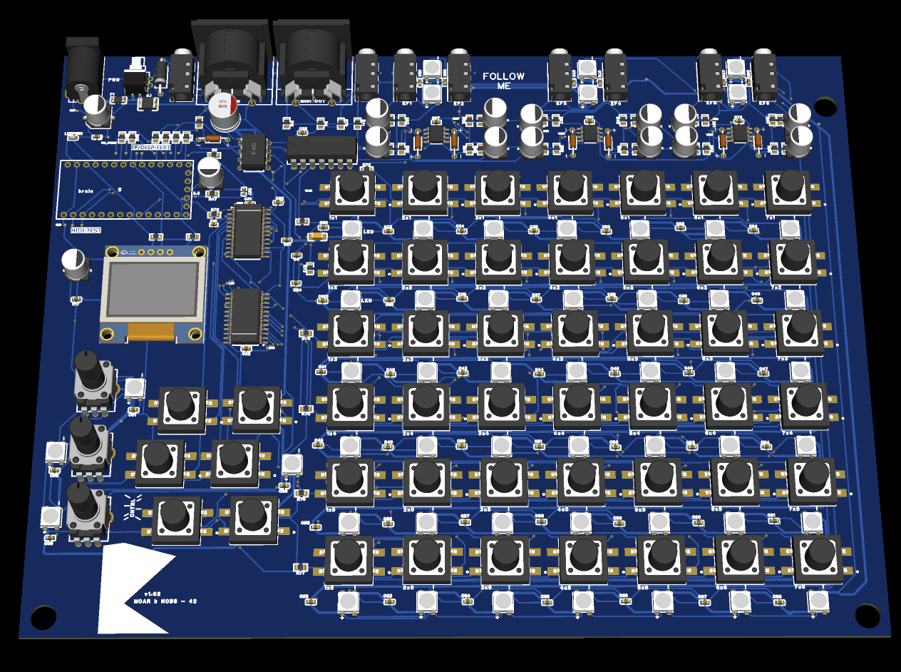 Render of the MOARkNOBS-42 control surface showing 42 assignable knobs and labelled modulation buses