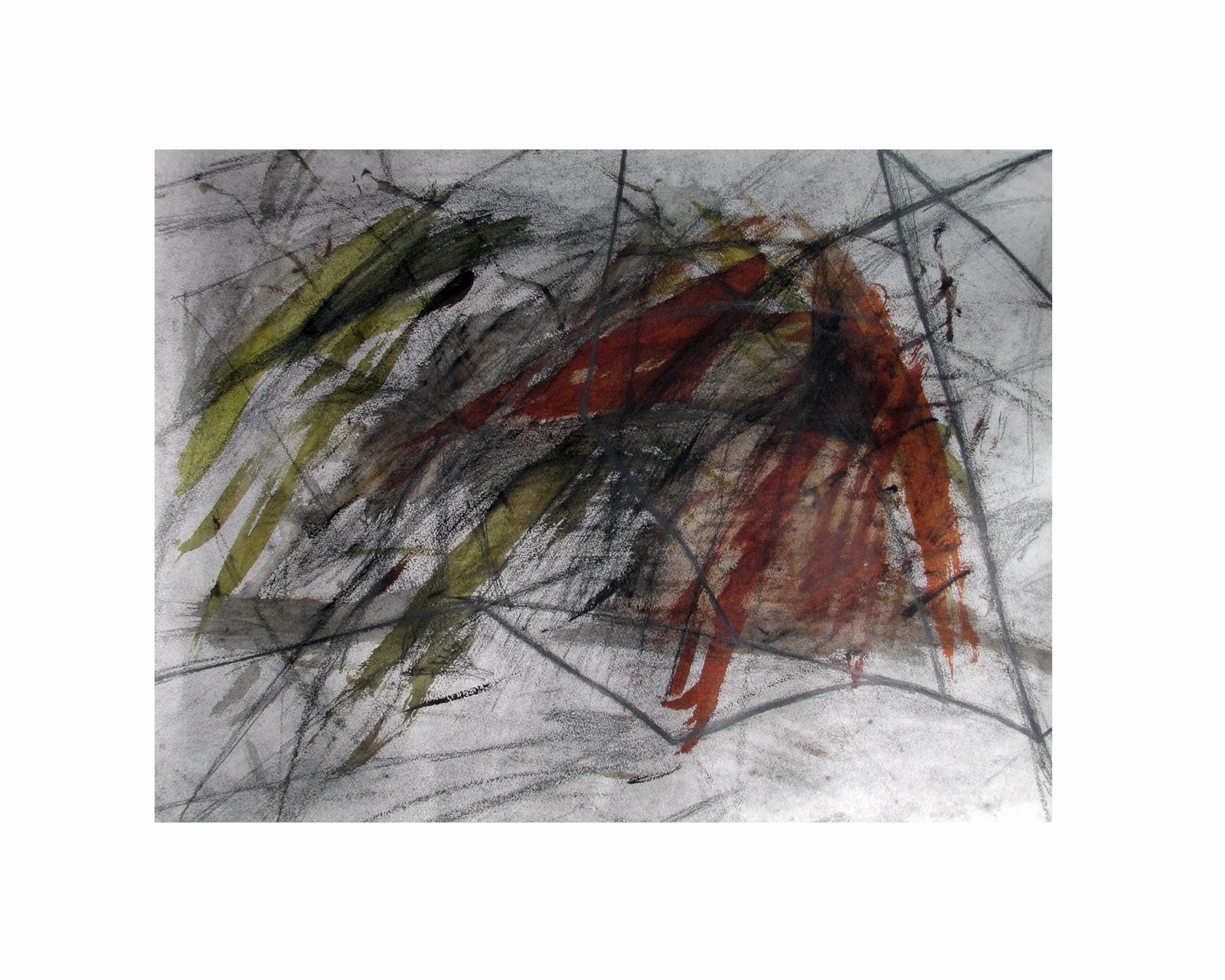 Charcoal, pencil, and ink drawing with layered green, red, black, and gray marks.