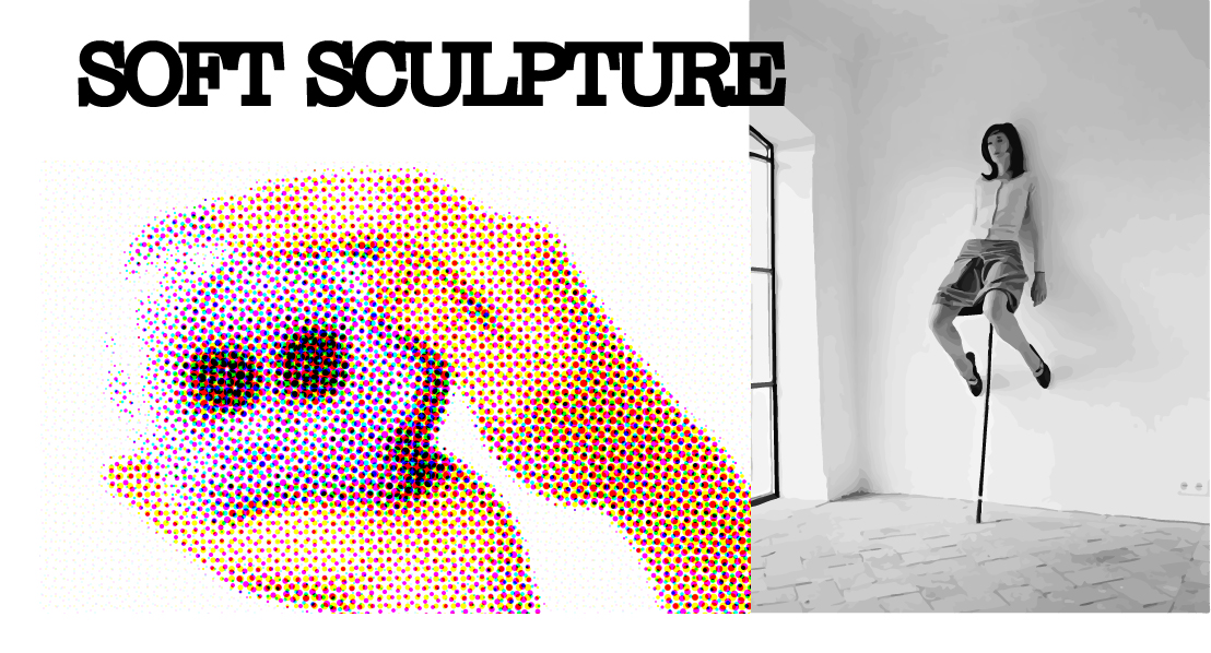 A suspended performer beside a soft sculptural form in a white gallery space.
